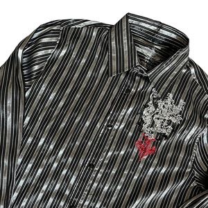 El General Men's Long Sleeve Snap Button Shirt Black Silver White Striped XL